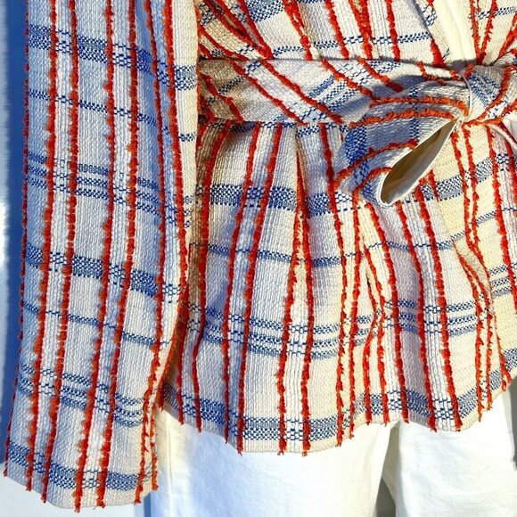 Chico's 3/XL Orange & Blue Plaid Tweed Wrap Jacket Office Cottage Preppy Ranch - Picture 5 of 11